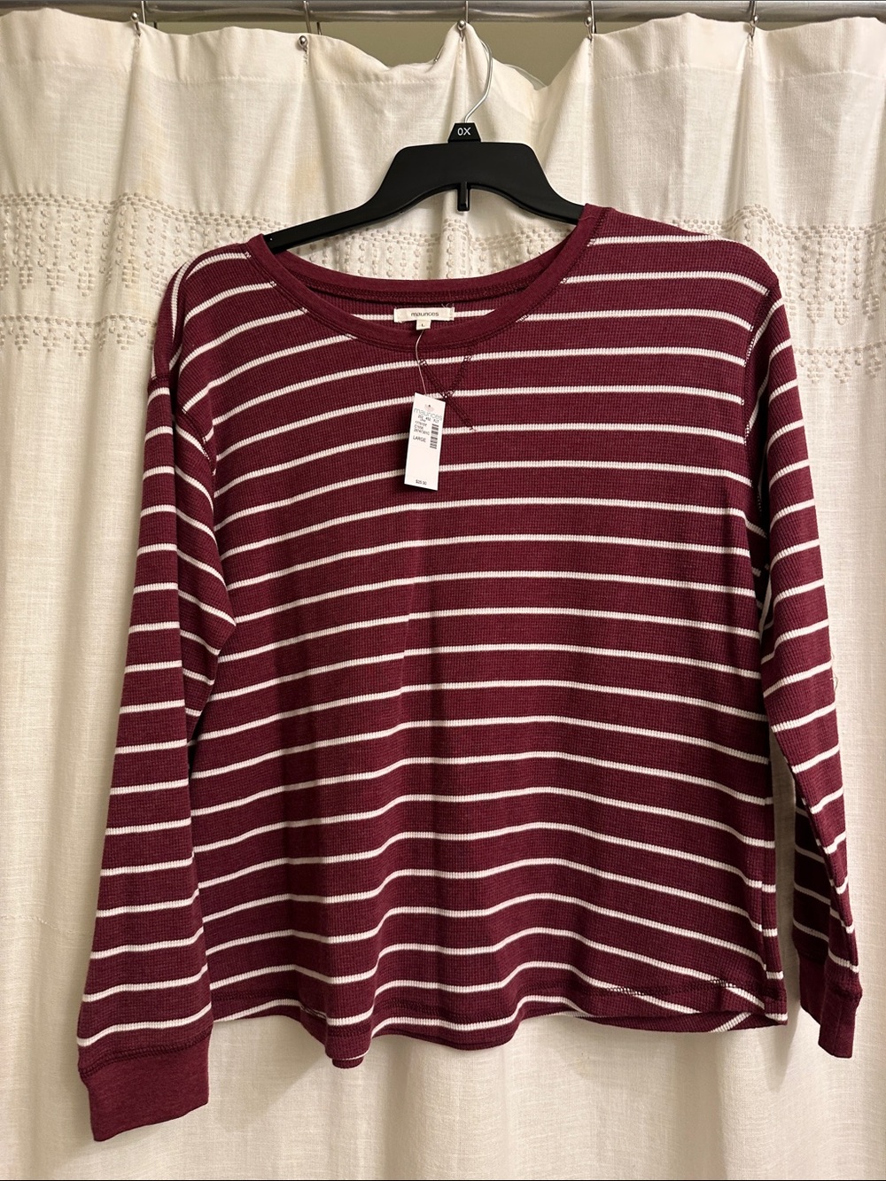 Maurices Maroon and White Striped Long Sleeve Crewneck Top